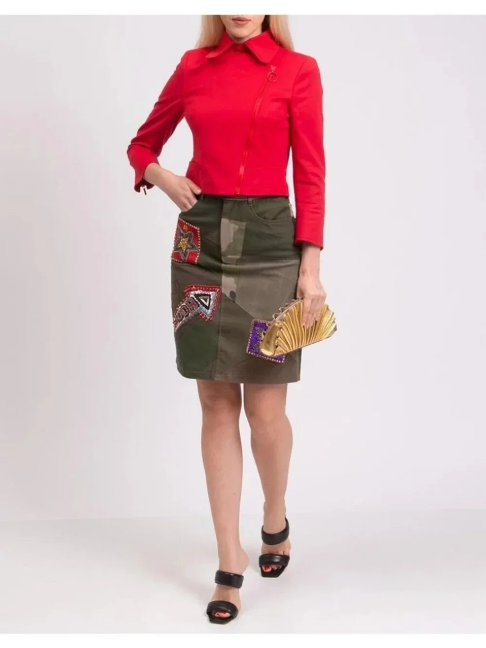 NWT $3769 Dolce & Gabbana Patchwork Rhinestones Pencil Skirt Green Camo Size 0